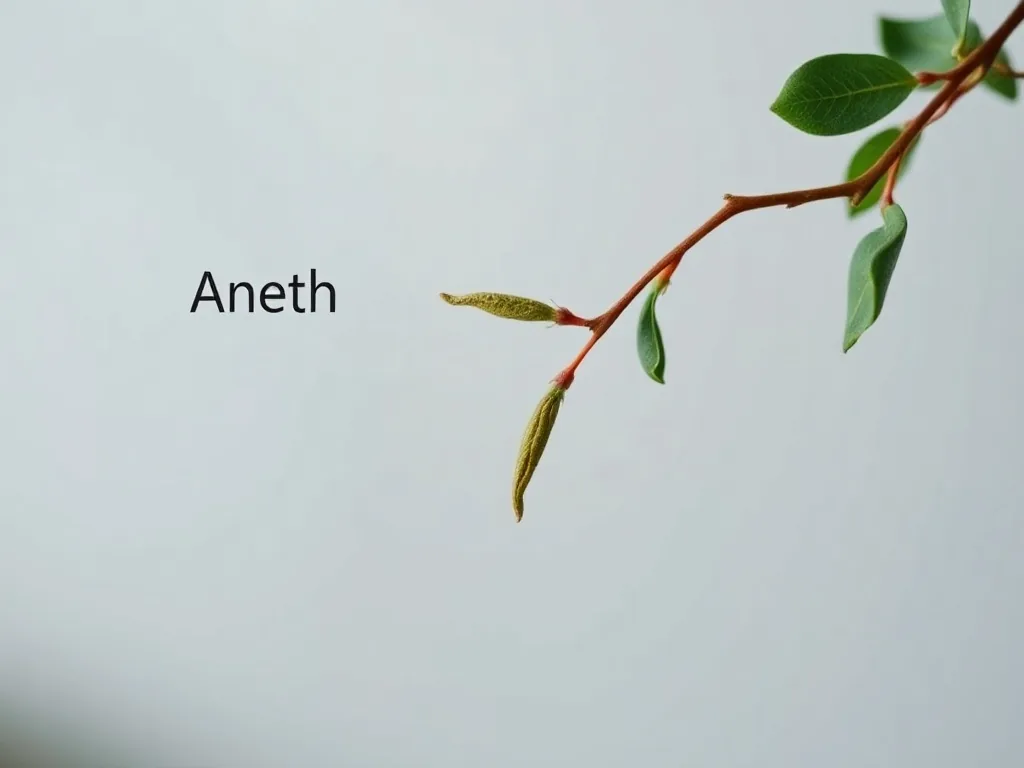 Tiges d'aneth fraîchement coupées, avec leurs feuilles fines et plumeuses, sur une planche en bois, quelques graines éparpillées autour.