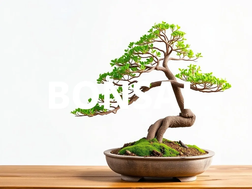 Un bonsaï ficus aux feuilles vertes et denses posé sur une table en bois près d'une fenêtre lumineuse, avec un petit arrosoir et des ciseaux de taille à côté.