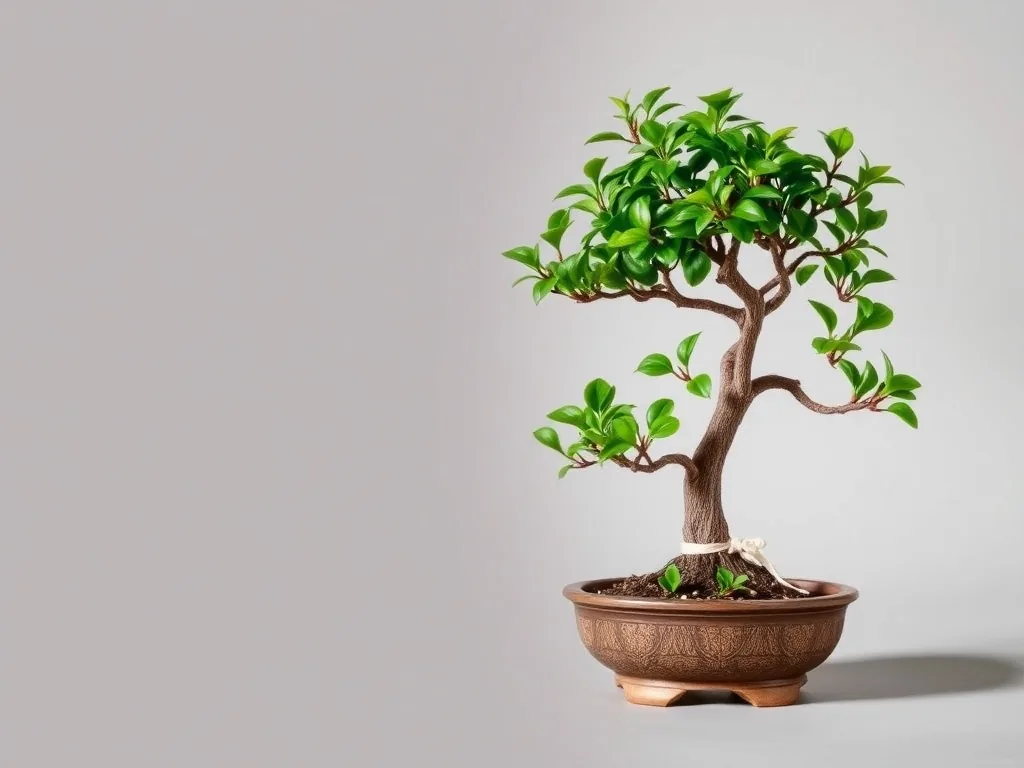 Un bonsaï ficus posé sur un rebord de fenêtre lumineux, avec un arrosoir à bec étroit posé à côté, vu de près en lumière naturelle.