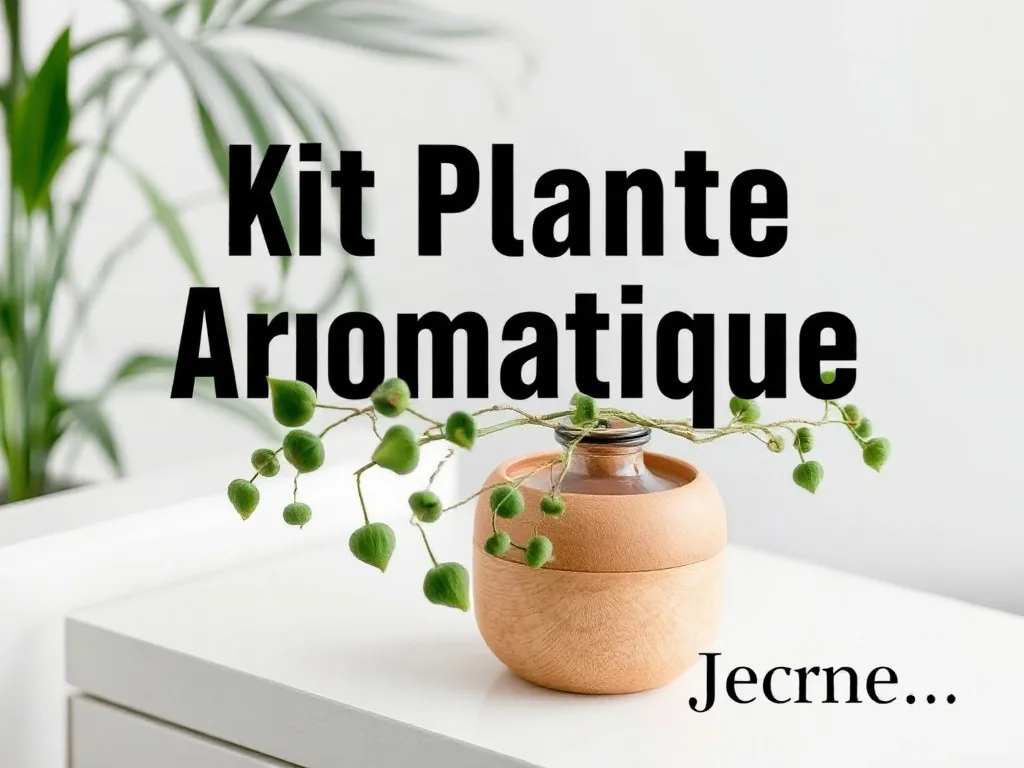 Trois petits pots de basilic, persil et ciboulette alignés sur un rebord de fenêtre clair, avec un sachet de graines et une étiquette en bois posés à côté.