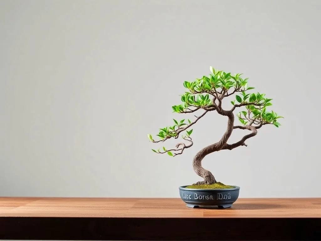 Plusieurs livres sur le bonsaï posés sur une table en bois, à côté d'un petit arbre en pot.