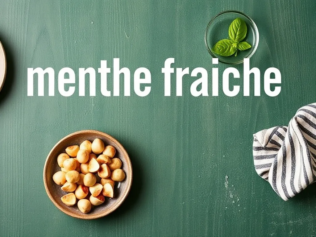 Un pot de menthe fraîche aux feuilles vert vif posé sur une table de jardin en bois, avec un arrosoir métallique à côté et un fond de feuillage flou.