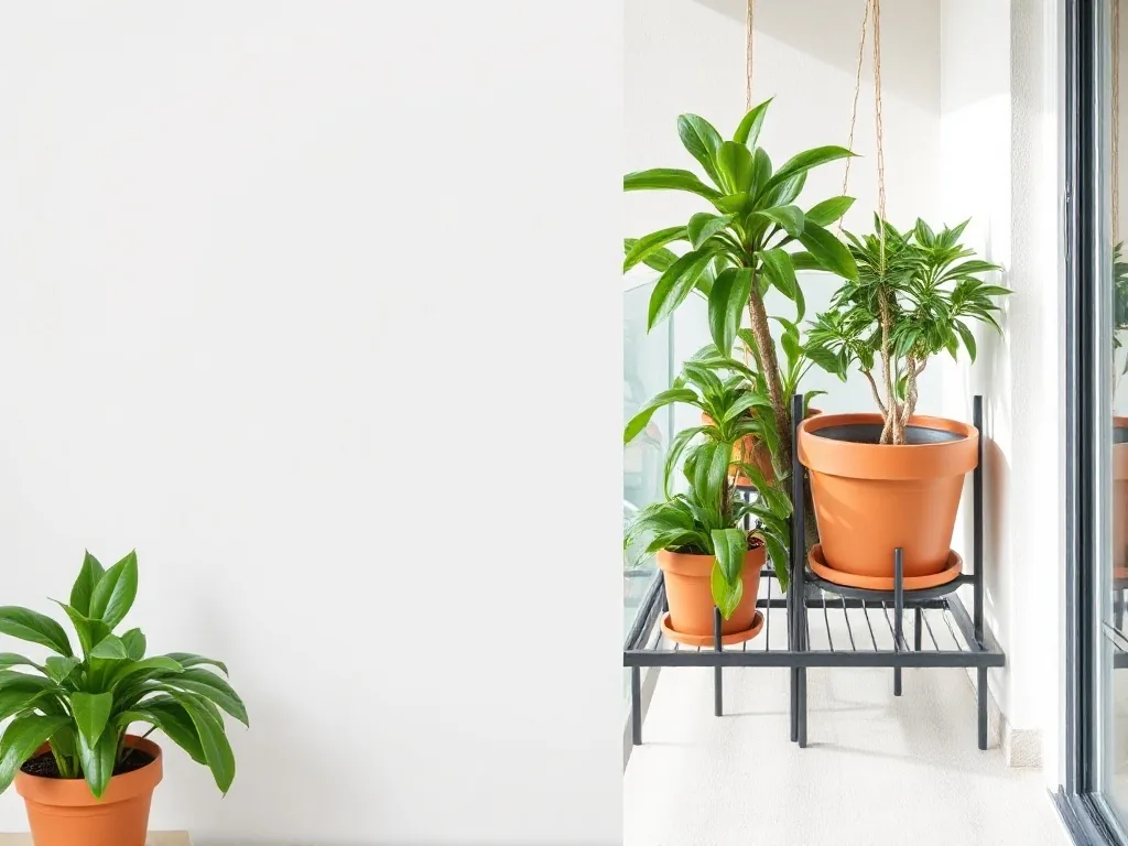 Un balcon en ville avec des pots de différentes tailles accueillant des herbes aromatiques: basilic en pot en terre cuite, thym en jardinière, menthe dans un grand pot, le tout éclairé par le soleil du matin.