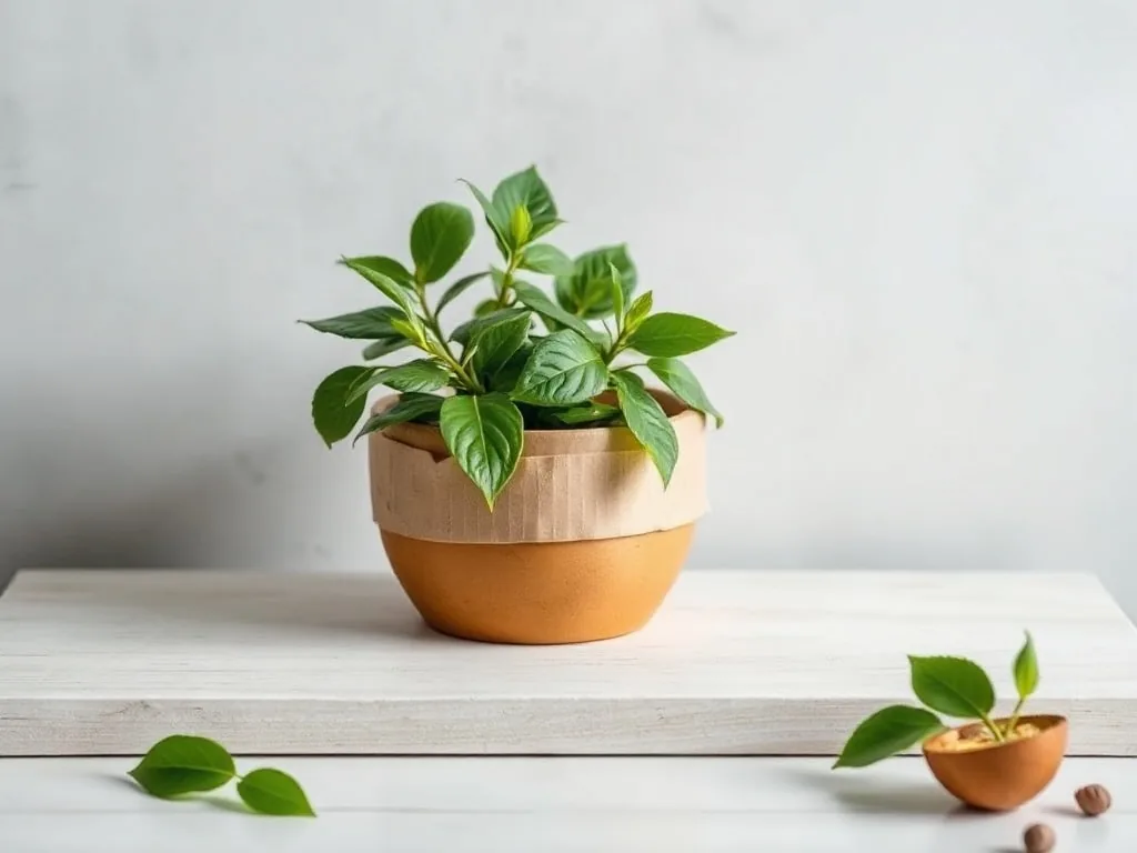 Un plant de romarin fleuri dans un pot en terre cuite, posé sur une terrasse ensoleillée.