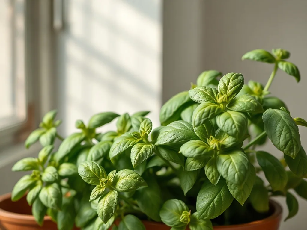Un plant de basilic grand vert en pot de terre cuite, touffu et bien taillé, posé sur un rebord de fenêtre ensoleillé avec un petit arrosoir à côté.