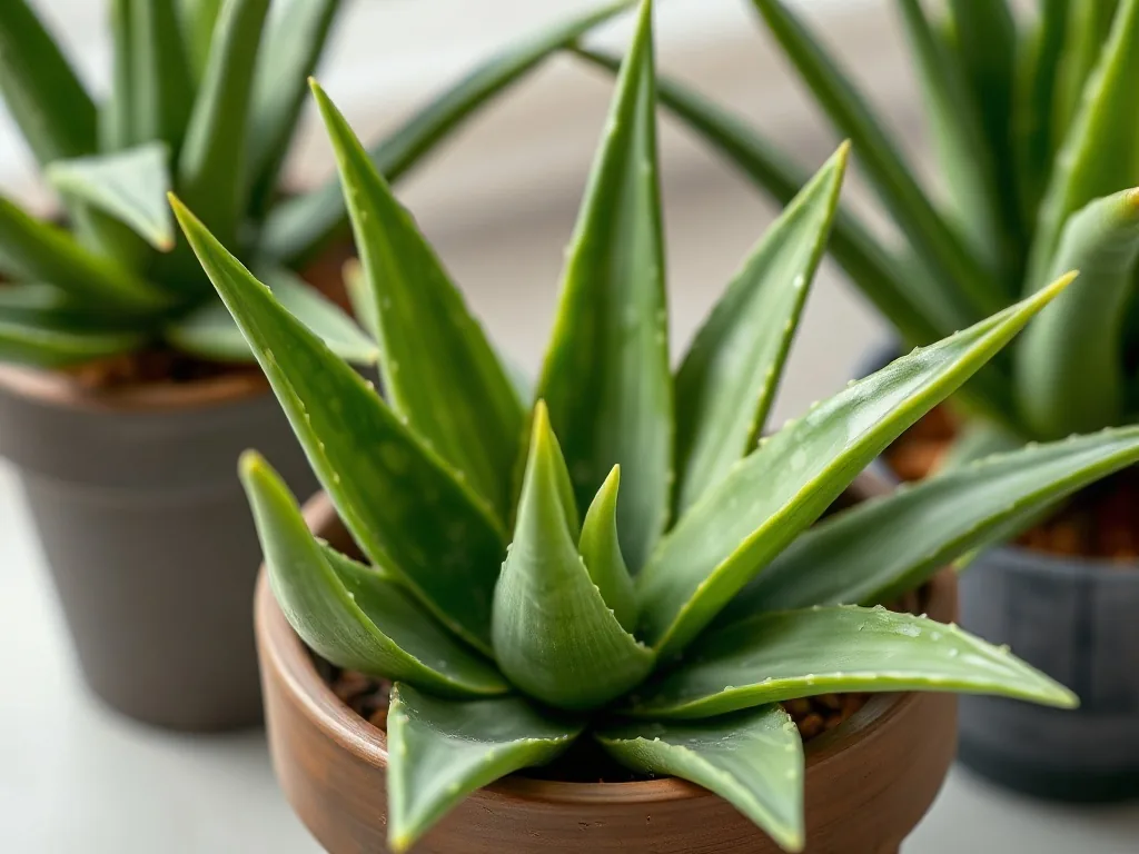 Un aloe vera vert et charnu dans un pot en terre cuite posé sur un rebord de fenêtre, avec un trou de drainage visible et des billes d'argile au fond.