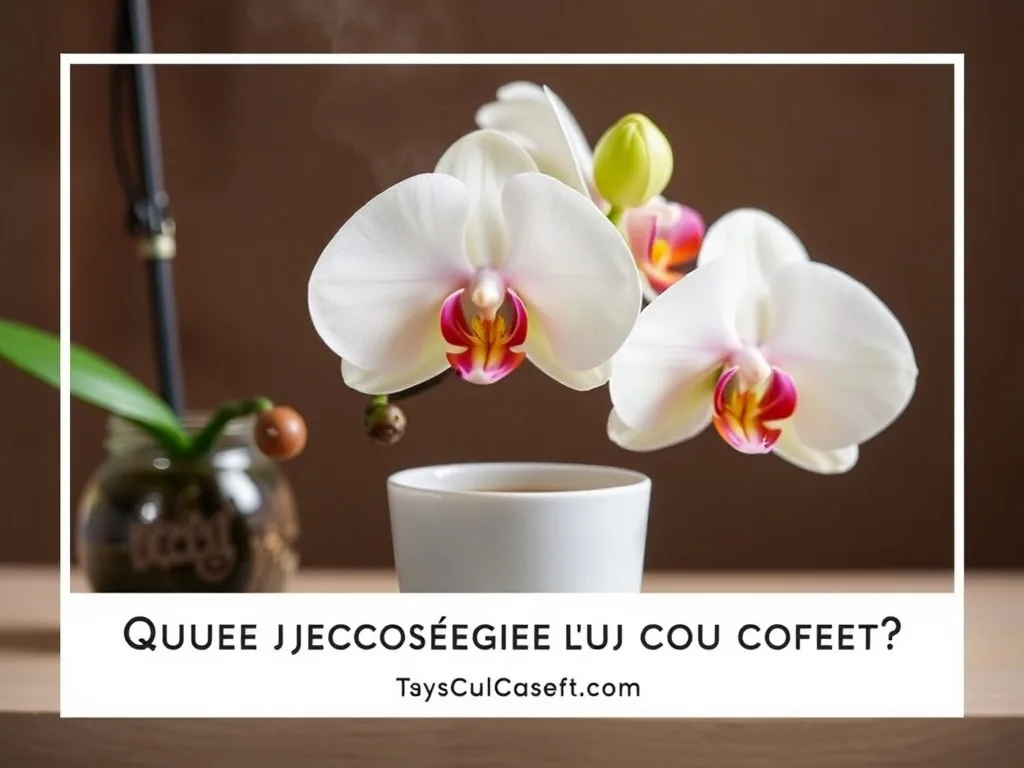 Une orchidée Phalaenopsis blanche avec un petit tas de marc de café sec déposé à côté de son pot transparent, sur une table en bois clair, lumière du matin.